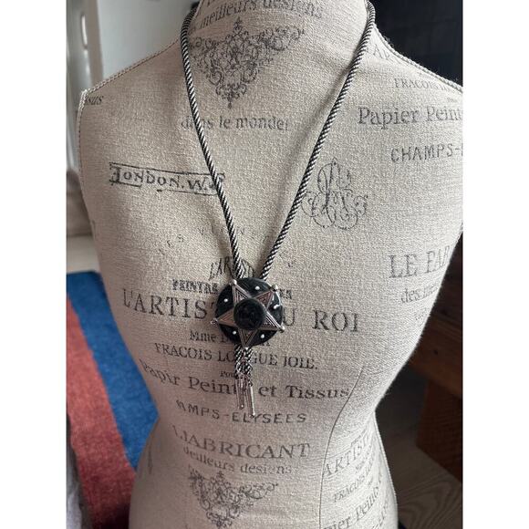 Silver Star Bolo Tie Black Center Stone Western 2.25” Pendant Unisex